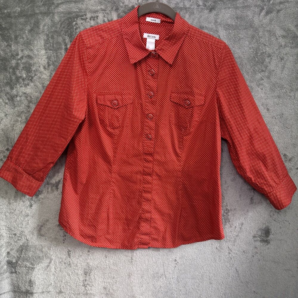 Liz & Co. Women's Lg  3/4 Sleeve Button Collar Polka Dot Blouse Red & White